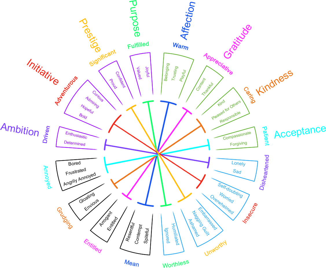 Each emotion zone connects with an emotion zone on the opposite of the ring. This dimension is given a name. Energised and low is vitality. Adventurous and insecure is ambition. Significant and unworthy is Status. Fulfilled and worthless is Purpose. Warm and mean is affection. Appreciative and ungrateful is gratitude. Caring and grudging is kindness. Patient and annoyed is acceptance.