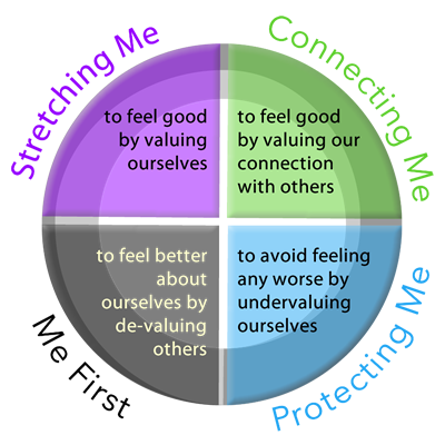 Ring of Emotion. Quadrants labels with short summary: (9-12 o-clock)Stretching Me - to feel good by aluing ourselves; (12-3 o-clock) Connecting Me - to feel good by valuing our connection with others; (3-6 o-clock) Protecting Me - to avoid feeling any worse by undervaluing ourselves; (6-9 o-clock) Me First - to feel better about ourselves by de-valuing others.